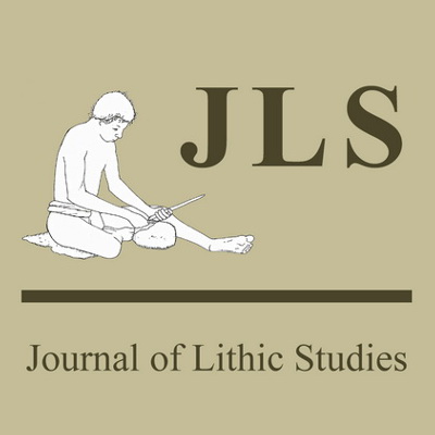 Drawing of a person sat down with a tool upon a beige background that says Journal of Lithic Studies.